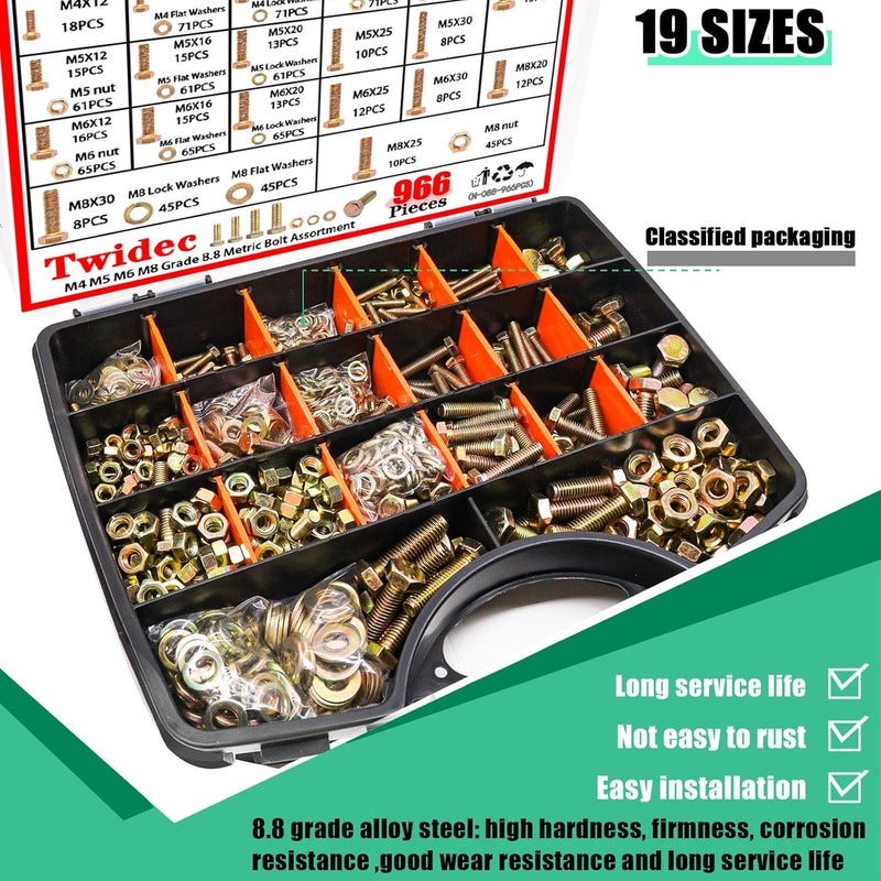 Twidec /966PCS Metric Bolt Assortment,Grade 8.8 Hex Head Bolts and Nuts Assortment Kit, M4/M5/M6/M8(12-30mm)Heavy Duty Nuts and Bolts Kit, Flat & Spring Lock Washer Gold Zinc Plating With Storage Case - Image 2
